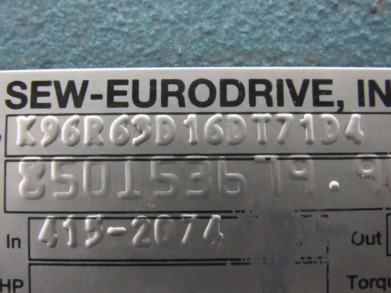 Sew Eurodrive K96R63D16DT71D4 4259:1 26500# Output LH VariSpeed Reducer 230/460V