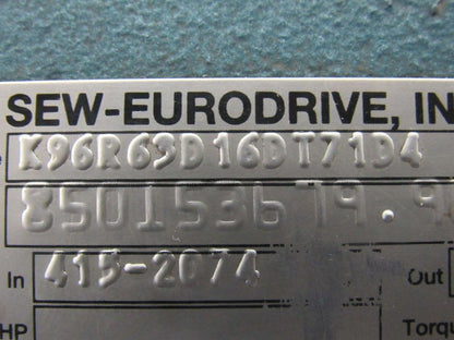 Sew Eurodrive K96R63D16DT71D4 4259:1 26500# Output LH VariSpeed Reducer 230/460V