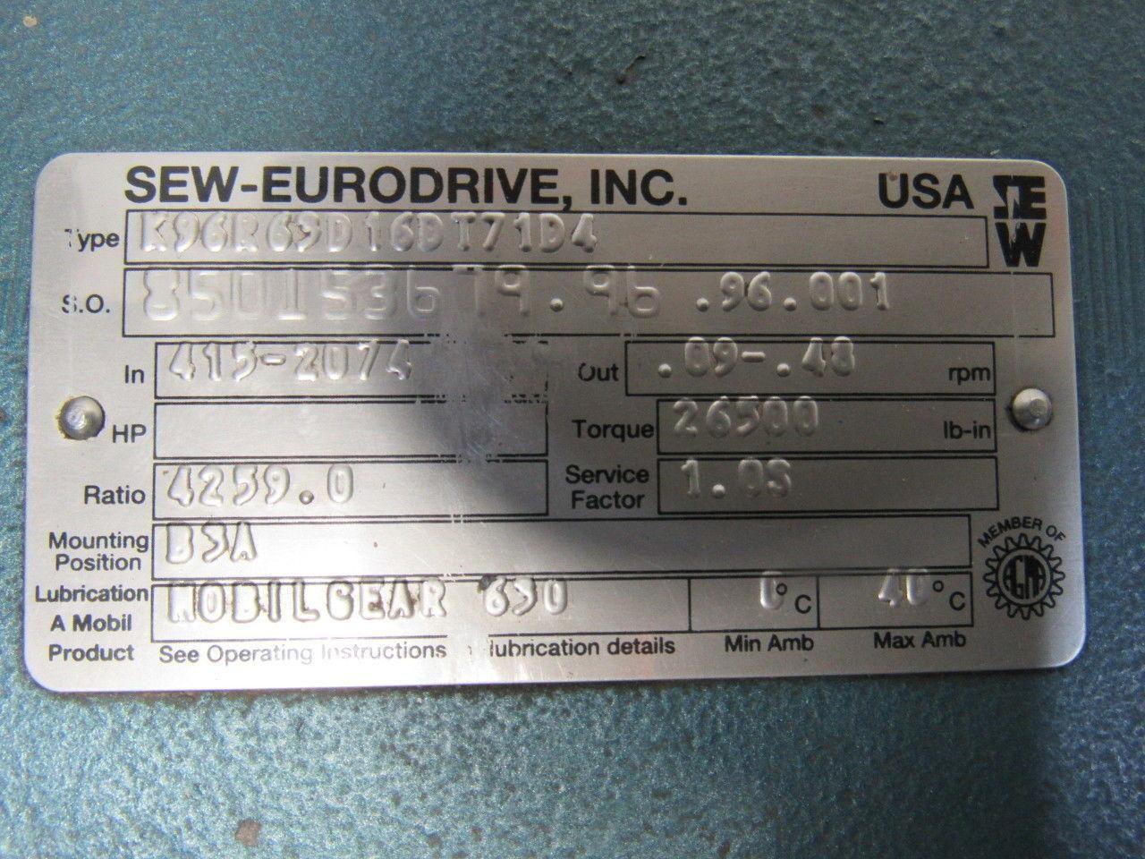 Sew Eurodrive K96R63D16DT71D4 4259:1 26500# Output LH VariSpeed Reducer 230/460V
