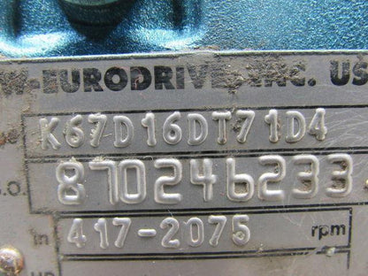 Sew Eurodrive 	 K67D16DT71D4 57.28:1 Ratio .5 Hp 675 lb-in RH Angle Gear Reducer