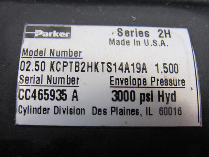Parker 2-1/2" Bore 1-1/2" Stroke Series 2H Double Ended Hydraulic Cylinder