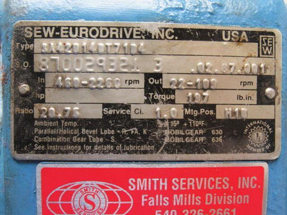 Sew Eurodrive 5A42D14DT71D4 20.75:1 Ratio Out RPM 22-109 197In-Lbs Gear Reducer