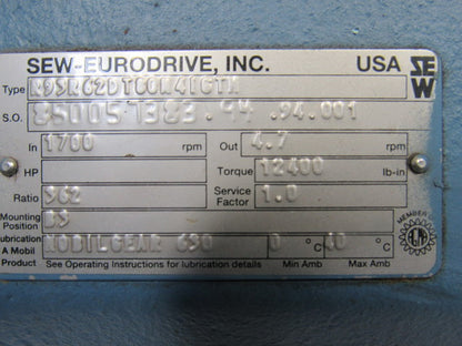 SEW-EURODRIVE DFT80M416TN Gearmotor 1HP 12400 lb-in Torque 4.7RPM 230/460V