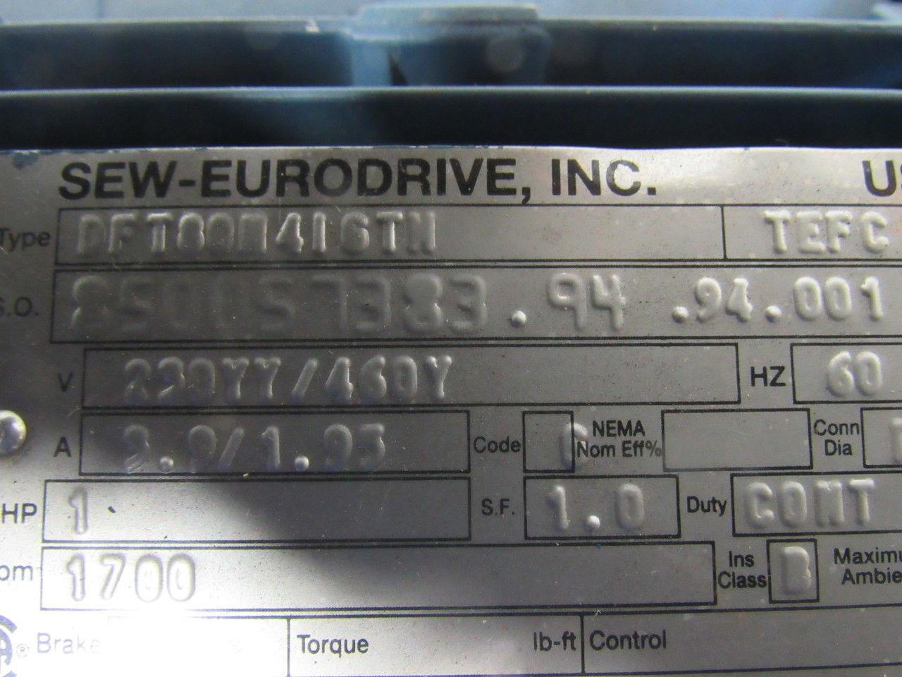 SEW-EURODRIVE DFT80M416TN Gearmotor 1HP 12400 lb-in Torque 4.7RPM 230/460V