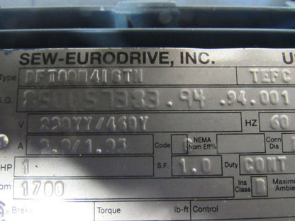 SEW-EURODRIVE DFT80M416TN Gearmotor 1HP 12400 lb-in Torque 4.7RPM 230/460V