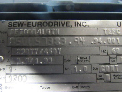SEW-EURODRIVE DFT80M416TN Gearmotor 1HP 12400 lb-in Torque 4.7RPM 230/460V