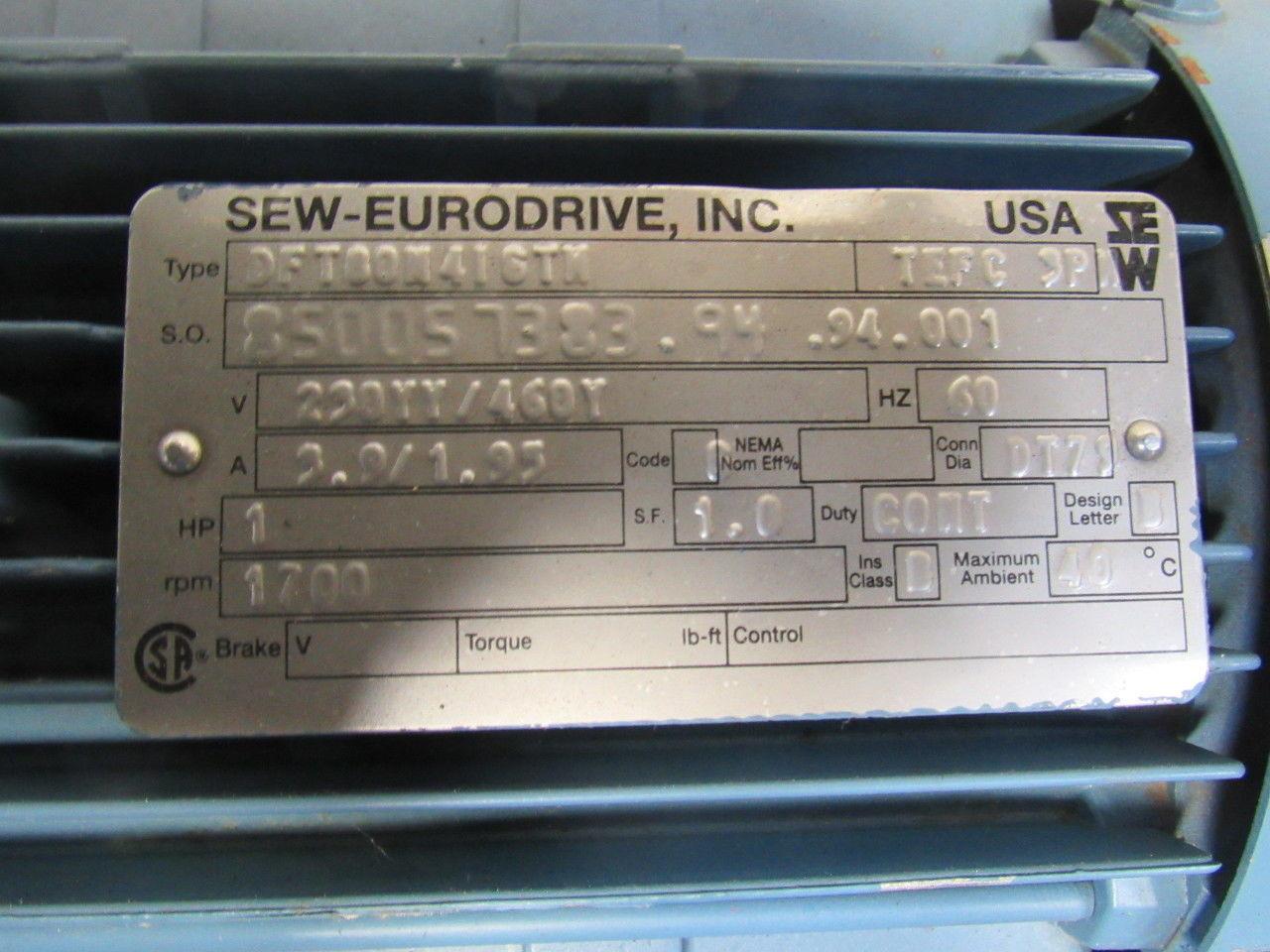 SEW-EURODRIVE DFT80M416TN Gearmotor 1HP 12400 lb-in Torque 4.7RPM 230/460V