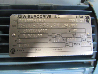 SEW-EURODRIVE DFT80M416TN Gearmotor 1HP 12400 lb-in Torque 4.7RPM 230/460V