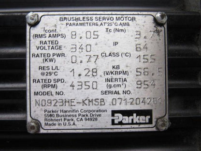 Parker N0923HE-KMSB Brushless Servo Motor 340V 4350RPM