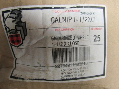 Robroy GALNIP1-1/2 XCL Galvanized Nipple 1-1/2" Closed Lot of 25