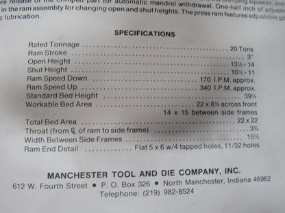 Manchester 6000 20 Ton Capacity Hydraulic Crimping Press 3" Stroke