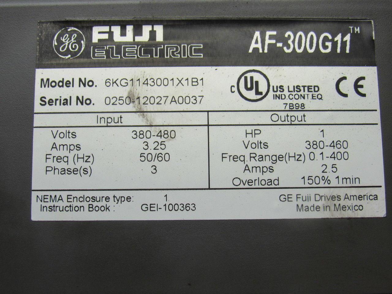 Ge Fuji 6KG1143001X1B1 1HP AC Drive AF-300G11 3PH 380/480 50/60Hz 2.9A