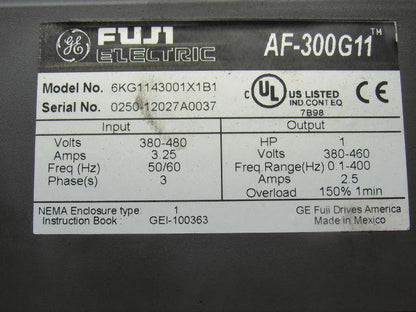 Ge Fuji 6KG1143001X1B1 1HP AC Drive AF-300G11 3PH 380/480 50/60Hz 2.9A
