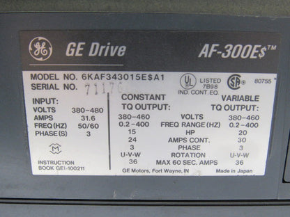 GE General Electric 6KAF343015E$A1 AF-300E$ AC Drive 20/25 HP. 380-480 V 3 PH