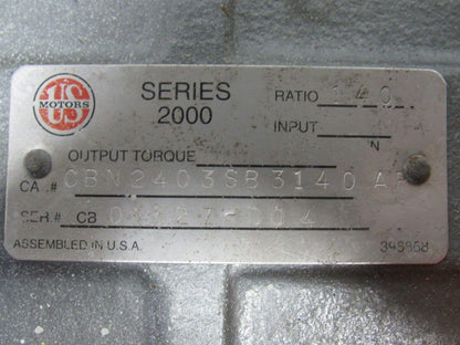 US Motors CBN2403SB3140 2Hp Inline  Gear Reducer  140: 1 Ratio 230/460V 3PH