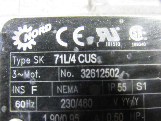Nord Type SK 40:1 0.50Hp 1720RPM 230/460V 391RPM/70In-lb Output Gear Reducer