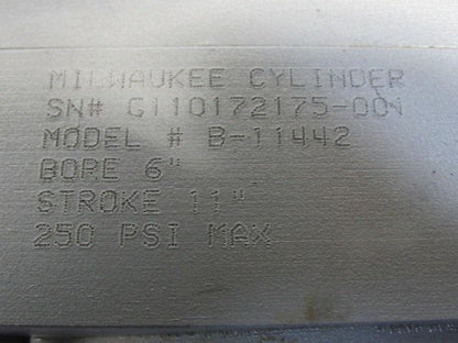 Milwaukee B-11442 Air Pneumatic Cylinder 6" Bore X 11" Stroke 250PSI