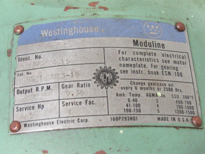 Westinghouse 639C224G15 Type G Moduline Speed Reducer 9.30:1 Ratio 190 RPM