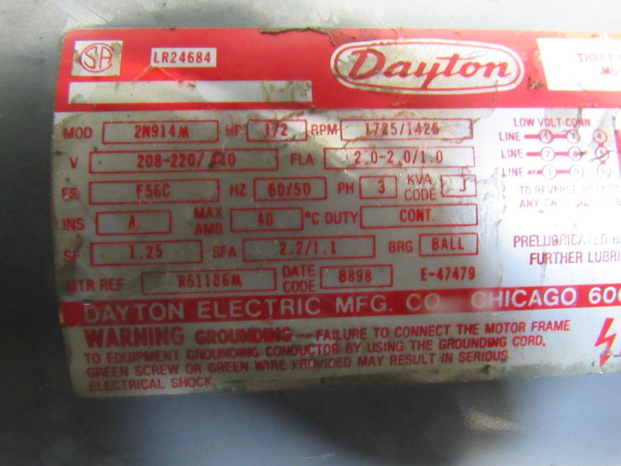 Dayton 2N914M 1/2Hp 1725/1426RPM 208-220/460V 50/60Hz 56C AC Motor