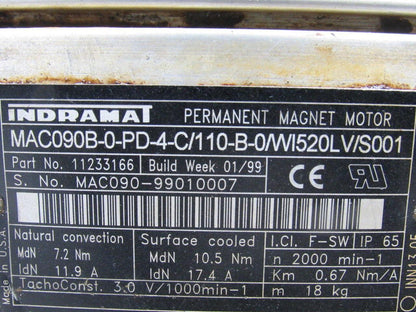 Indramat MAC090B-0-PD-4-C/110-B-0/WI520LV/S001 Electric Servo Motor 2000RPM