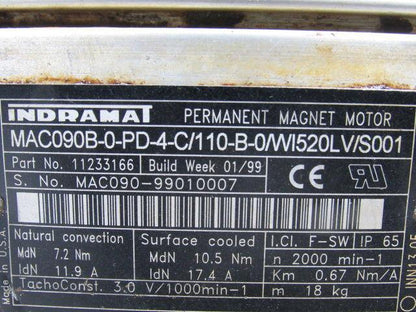 Indramat MAC090B-0-PD-4-C/110-B-0/WI520LV/S001 Electric Servo Motor 2000RPM