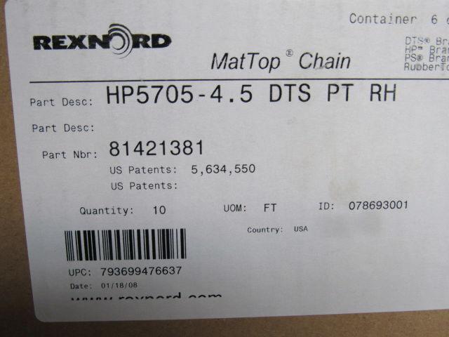 Rexnord HP5705-4.5 4-1/2" Mat Top Flat Transfer Blade Edge Conveyor Chain 10'