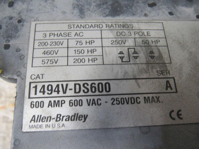 Allen Bradley Ser A 600A 600VAC 250VDC MAX 3Ph Disconnect Switch