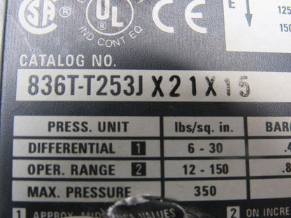 Allen Bradley 836T-T253JX21X15 Ser A 6-30PSI Pressure Control Switch 600VAC Max