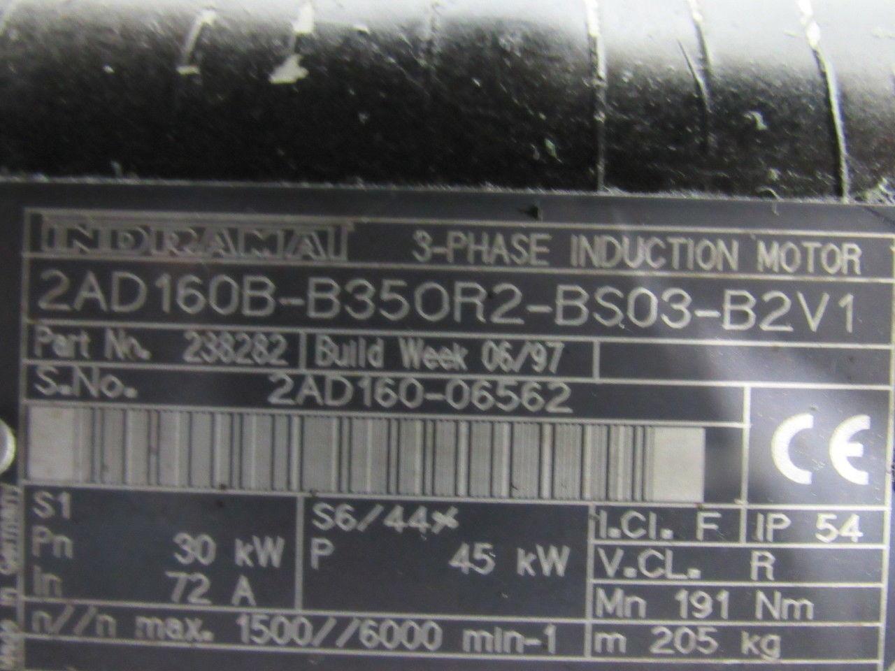 Indramat 2AD160B-B350R2-BS03-B2V1 3Ph Induction Motor 72A 30KW 1500RPM W/O Brake