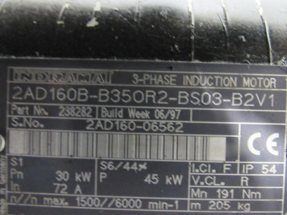 Indramat 2AD160B-B350R2-BS03-B2V1 3Ph Induction Motor 72A 30KW 1500RPM W/O Brake