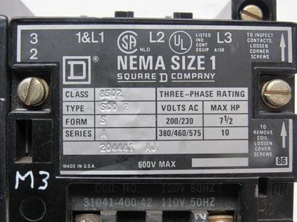Square D Class 8502 SCD2 Ser A 600V 10Hp Contactor 120V Coil Adder Pole