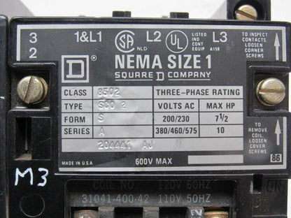 Square D Class 8502 SCD2 Ser A 600V 10Hp Contactor 120V Coil Adder Pole