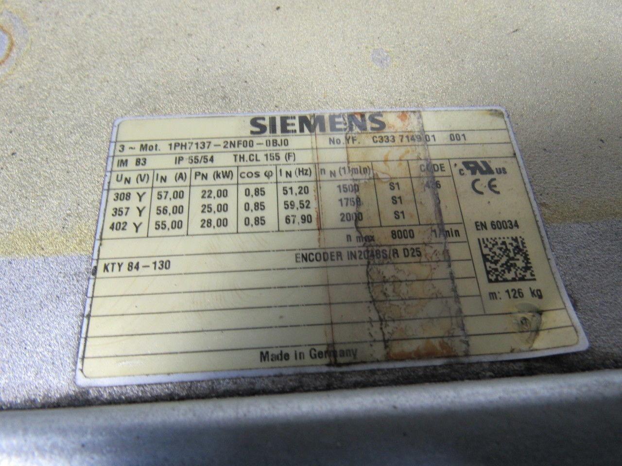 Siemens 1PH7137-2NF00-0BJ0 22/25/28kW 308-402YV 3Ph Servo Motor 42mm Shaft