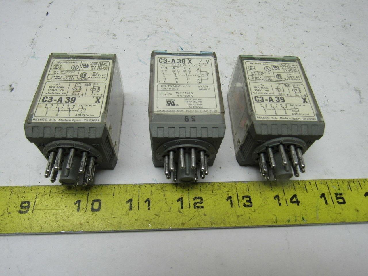 Releco C3-A39X 10A 300V MAX 10Pin Plug Relay Lot Of 3
