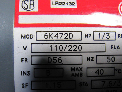 Dayton 6K472D 1/3Hp 1425RPM 1Ph 110/220V 50Hz AC Motor