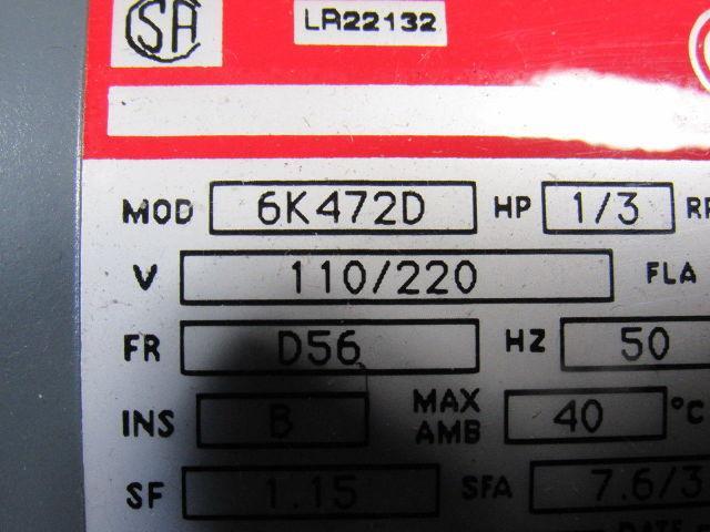 Dayton 6K472D 1/3Hp 1425RPM 1Ph 110/220V 50Hz AC Motor
