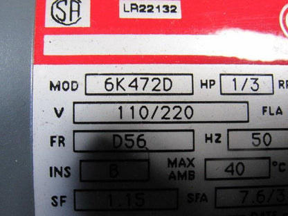 Dayton 6K472D 1/3Hp 1425RPM 1Ph 110/220V 50Hz AC Motor
