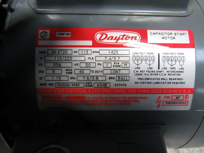 Dayton 6K472D 1/3Hp 1425RPM 1Ph 110/220V 50Hz AC Motor