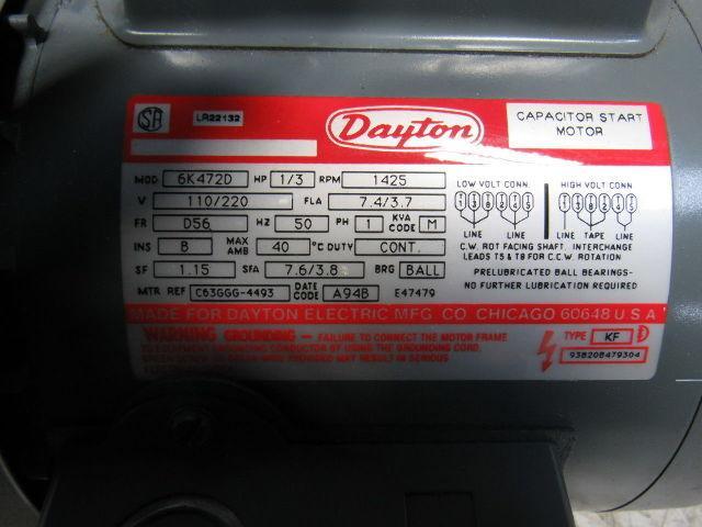 Dayton 6K472D 1/3Hp 1425RPM 1Ph 110/220V 50Hz AC Motor