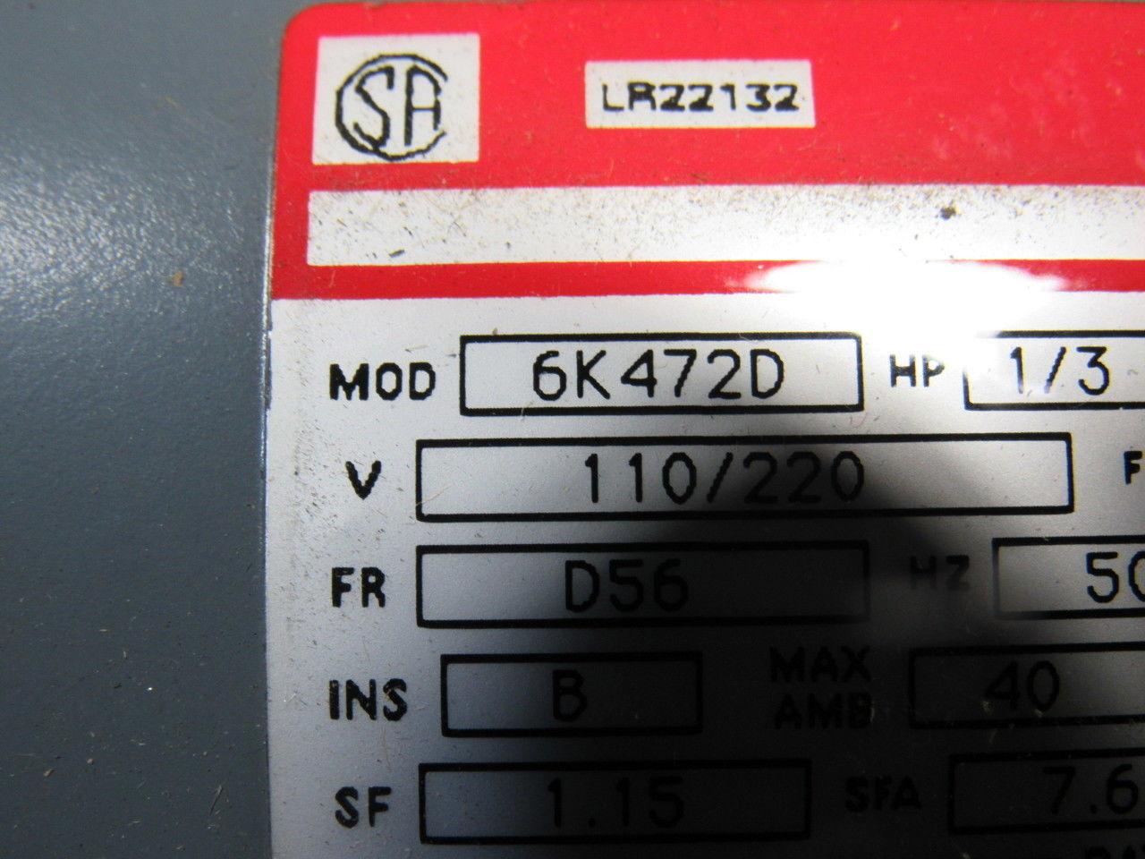 Dayton 6K472D 1/3Hp 1425RPM 110/220V 60Hz 5/8" Shaft Motor Missing Capacitor