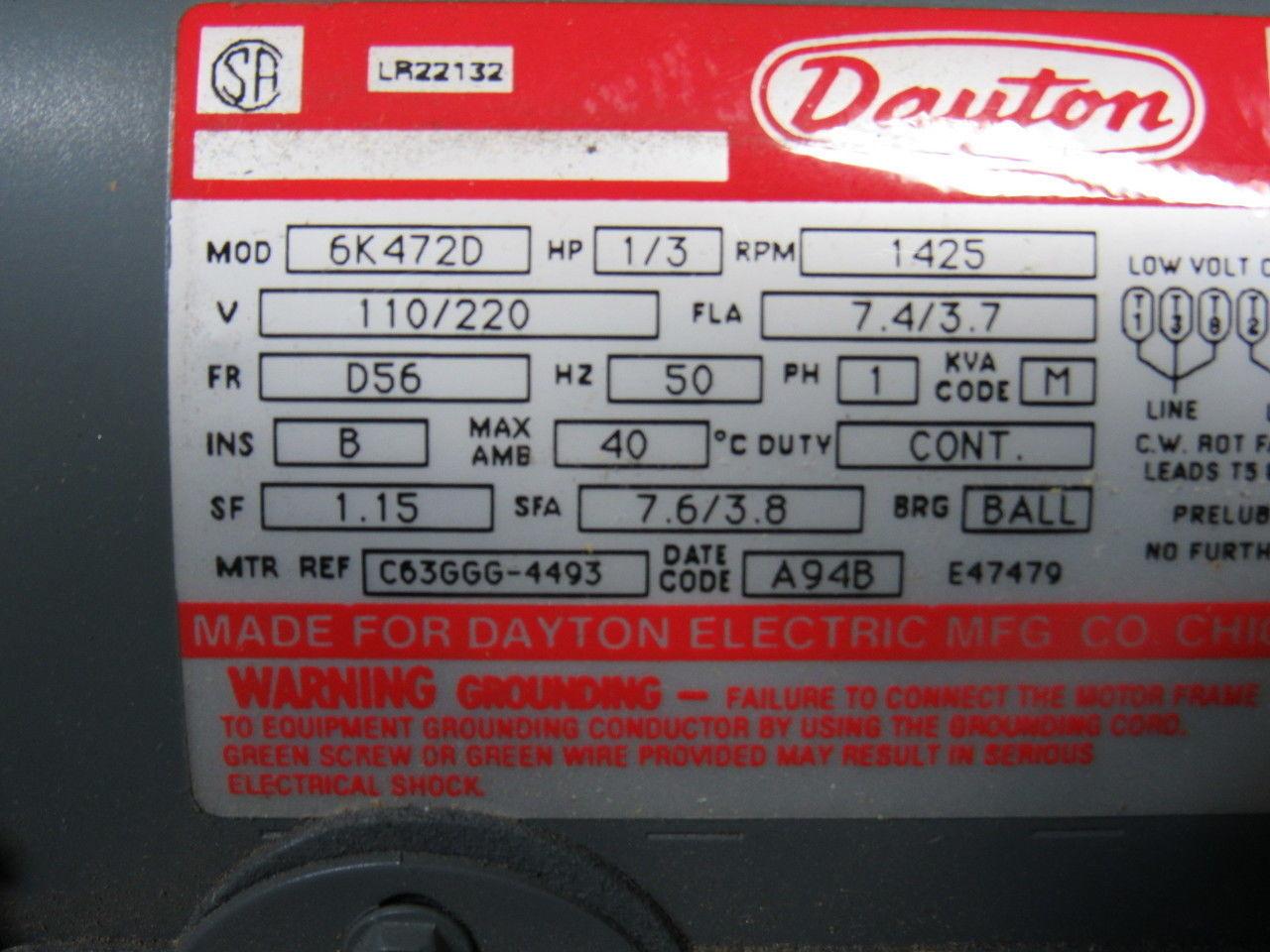 Dayton 6K472D 1/3Hp 1425RPM 110/220V 60Hz 5/8" Shaft Motor Missing Capacitor