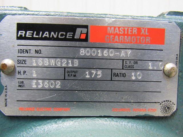 Reliance 800160-AY 168WG21B Master XL Gearmotor Gearbox 10:1 Ratio