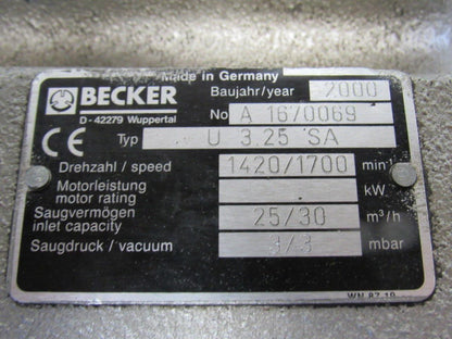 Flender Becker  U 3.25SA 0.75kW 330-500/190-290V 50/60Hz Vacuum Generator Motor