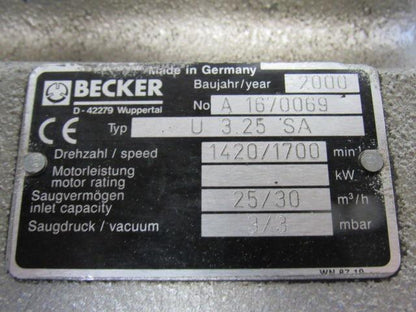 Flender Becker  U 3.25SA 0.75kW 330-500/190-290V 50/60Hz Vacuum Generator Motor