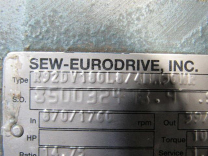 Sew-Eurodrive R92DV180L8 14.75:1 59/119 Input RPM Inline Gear Reducer 2-3/8"