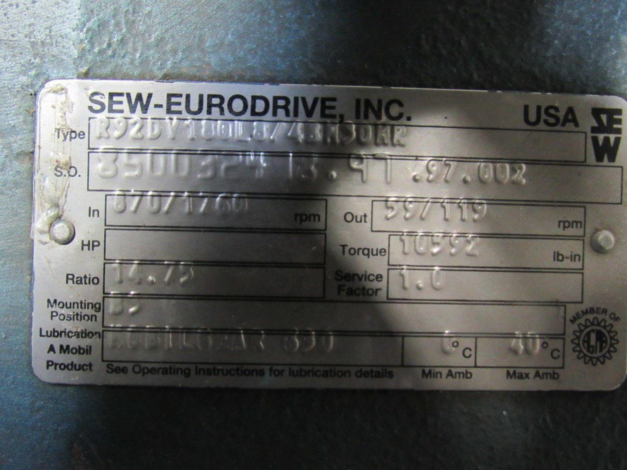 Sew-Eurodrive R92DV180L8 14.75:1 59/119 Input RPM Inline Gear Reducer 2-3/8"