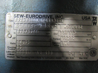 Sew-Eurodrive R92DV180L8 14.75:1 59/119 Input RPM Inline Gear Reducer 2-3/8"