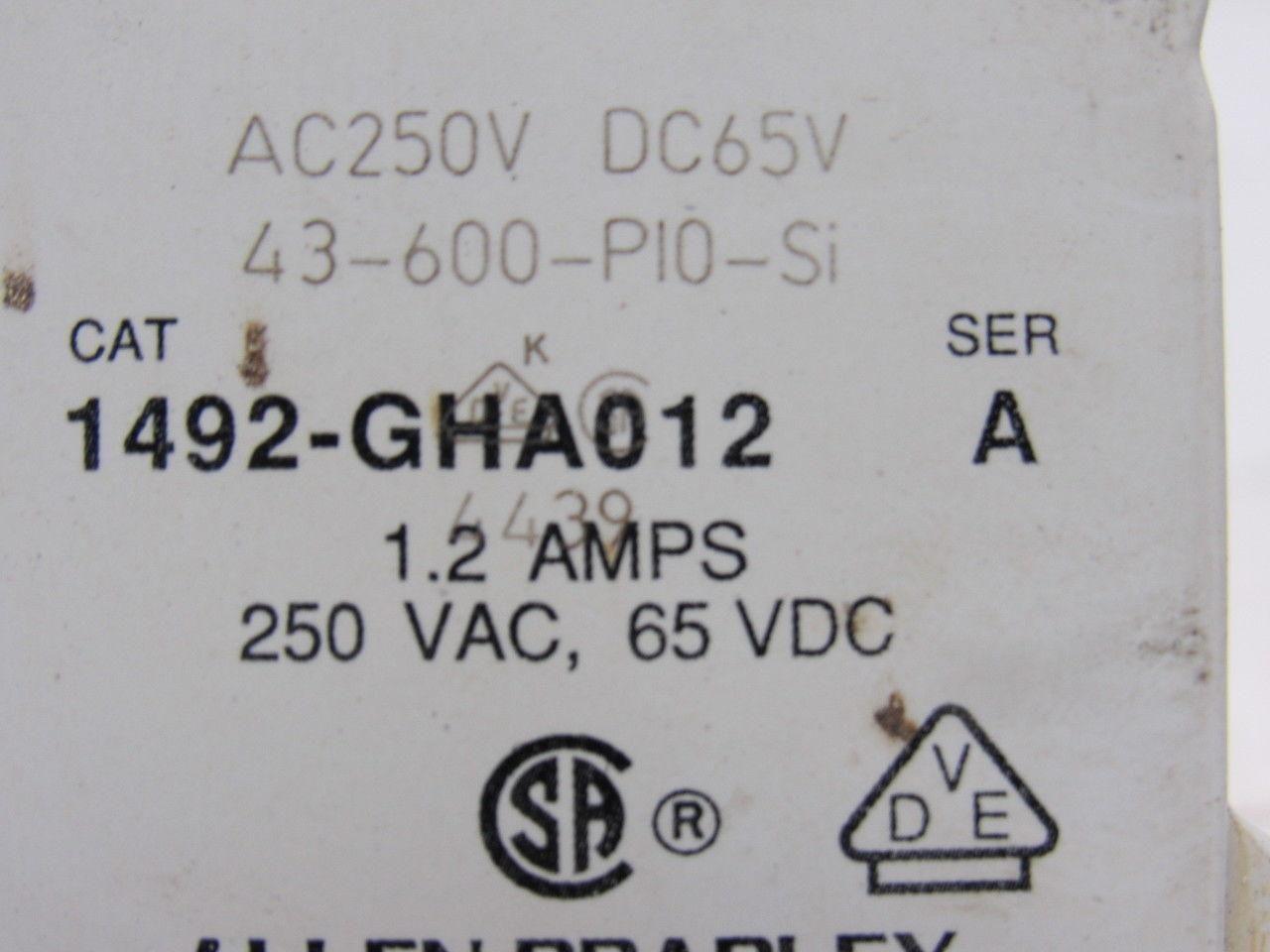 Allen Bradley 1492-GHA012 Miniature Circuit Breaker 250V W/Auxiliary Contact