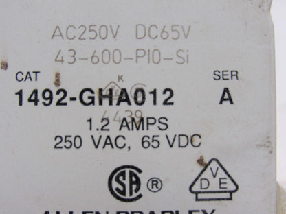 Allen Bradley 1492-GHA012 Miniature Circuit Breaker 250V W/Auxiliary Contact