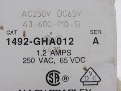 Allen Bradley 1492-GHA012 Miniature Circuit Breaker 250V W/Auxiliary Contact
